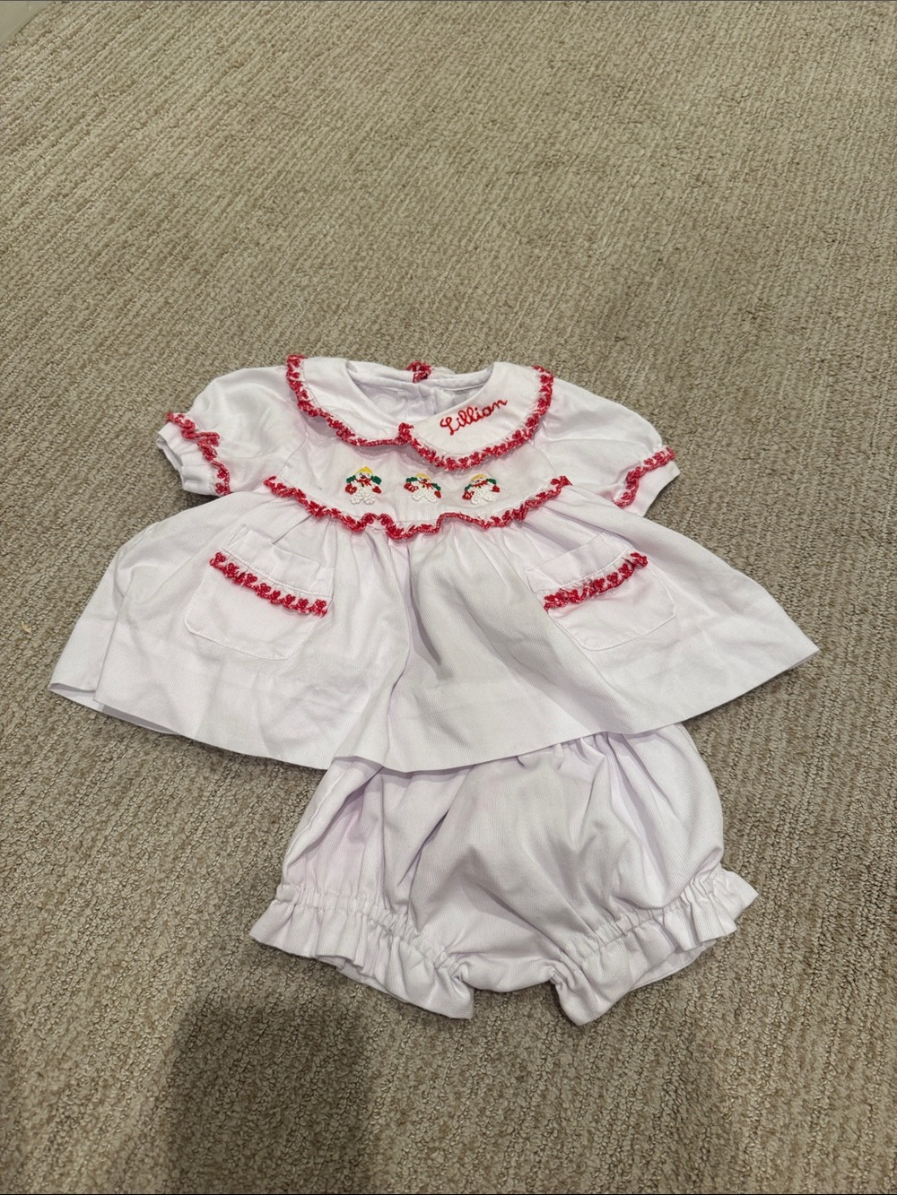 Mr Bingle “LILLIAN” christmas White Baby Set with red trim - stain on bottoms